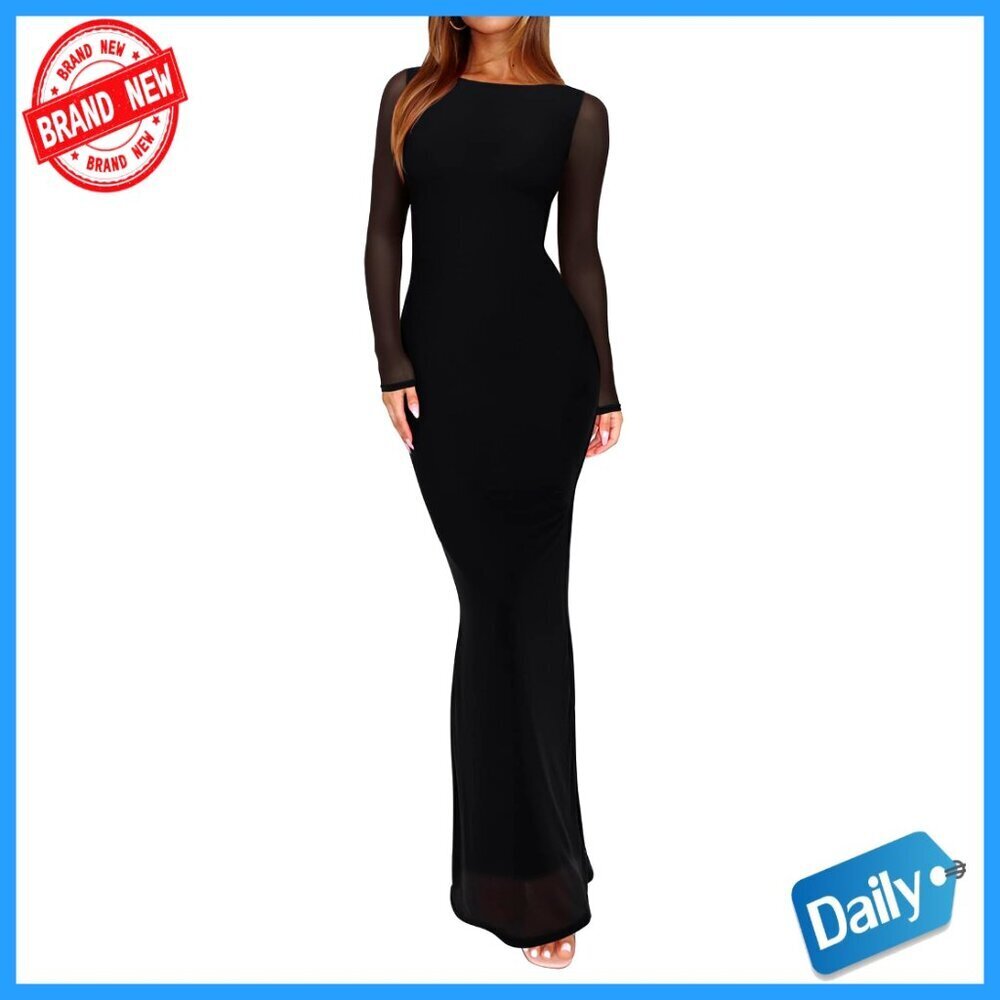 Mesh Sheer Long Sleeve Bodycon Maxi Dress Floral Print Wedding Guest Formal